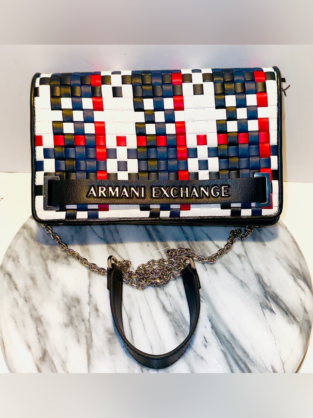 Armani Exchange Geometric Woven Crossbody Clutch, Chain Strap, NWOT